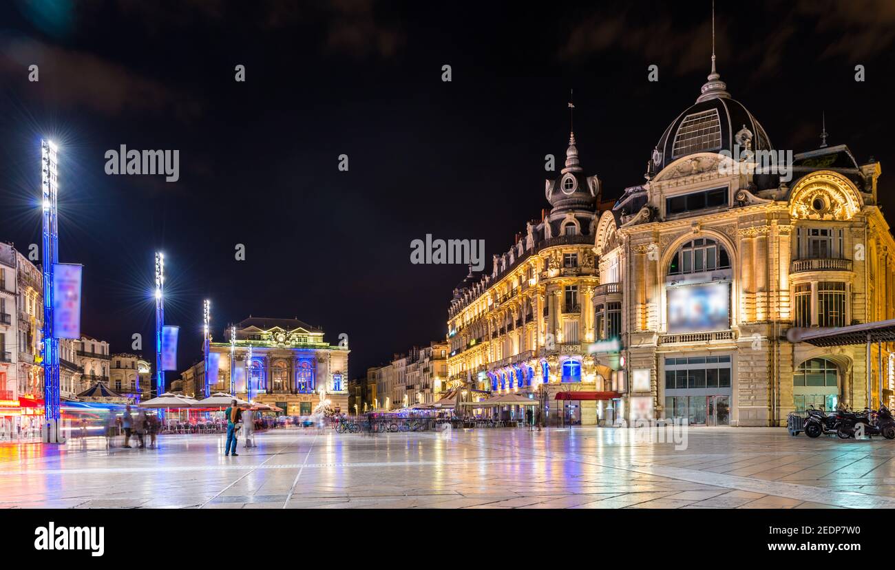 Comedy Square di notte a Montpellier, in Hérault, Occitanie, Francia Foto Stock