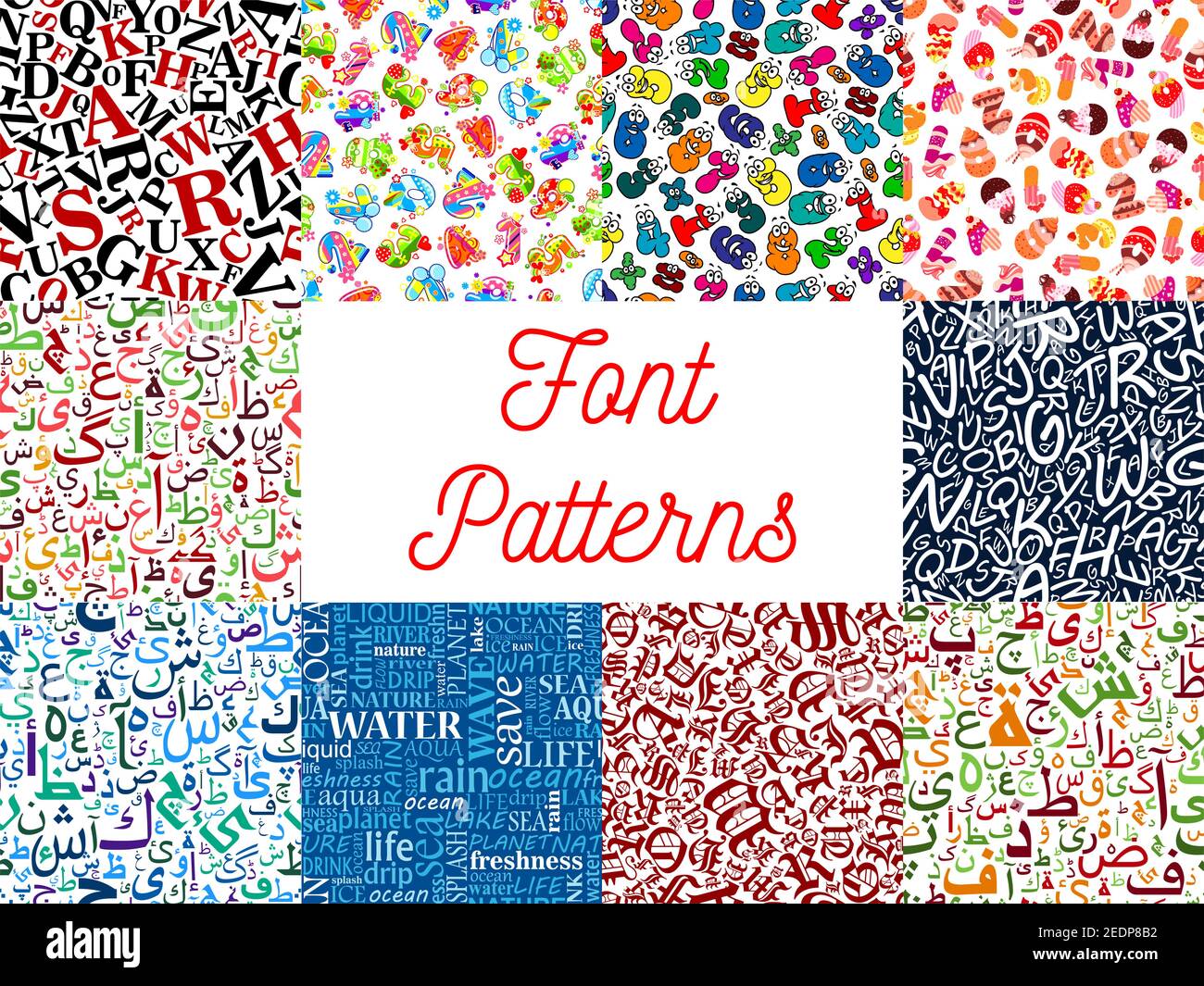 Carattere lettera e numero senza giunture Set di caratteri ragazzini, caratteri maiuscoli, calligrafia arabica alfabetica, tipo gotico romano e nuvola parola acqua Illustrazione Vettoriale