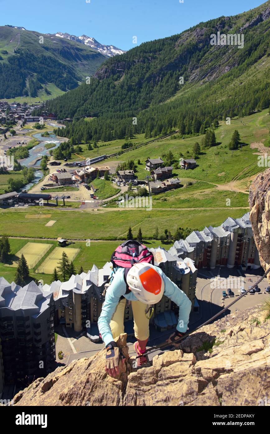 Via ferrata Roc de Toviere in Val d'Isere, livello molto alto, Francia, Savoia Foto Stock