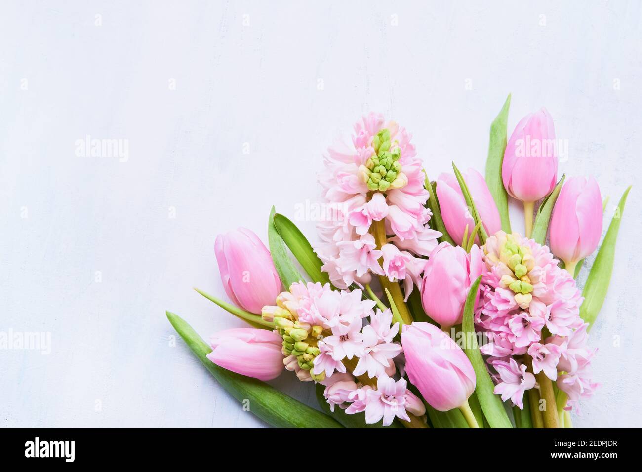 Tulipani rosa e giacinti rosa bouquet di fiori su uno sfondo chiaro. Vista dall'alto, spazio di copia per il testo Foto Stock