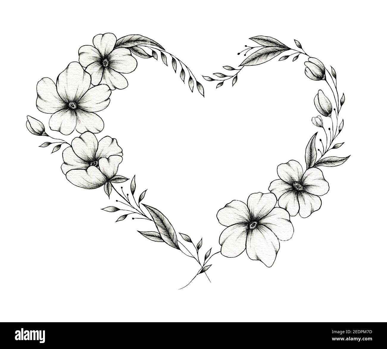 Illustrazione del cuore floreale vintage disegnata a mano con elementi botanici, arte del cuore di linea fine per il giorno della madre, San Valentino o matrimoni, floreale nero Foto Stock