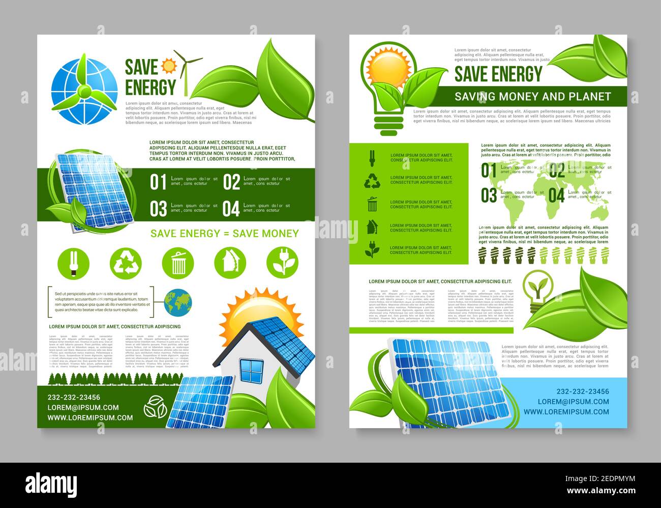 Modello di brochure risparmio energetico. Suggerimenti per risparmiare energia per ecologa casa poster con pannello energia solare, lampadina con sole e foglia verde, turbina eolica Illustrazione Vettoriale