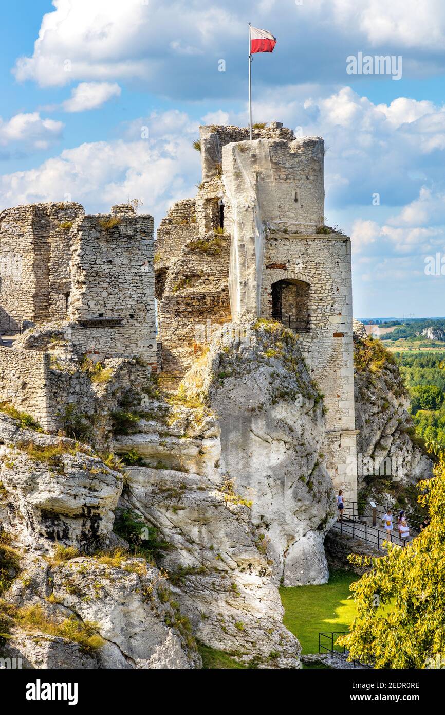 Podzamcze, Polonia - 25 agosto 2020: Mura di difesa e torri del castello medievale di Ogrodzieniec, parte del Sentiero dei nidi delle Aquile in Slesia Foto Stock