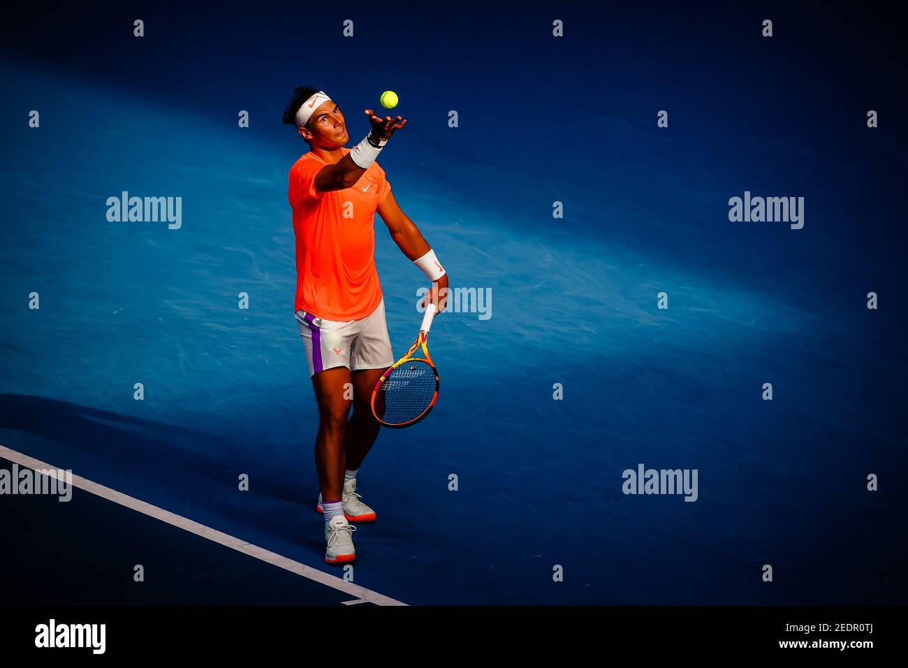 Spagnolo Rafael Nadal (ATP 2) Foto in azione durante una partita di tennis contro i Fognini italiani nel quarto round del concorso maschile singles di Foto Stock