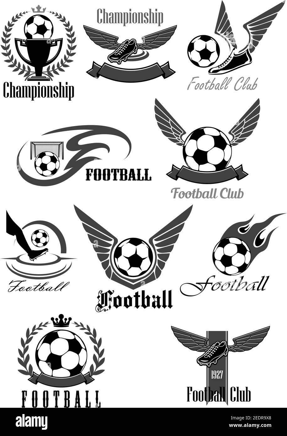 Icone di calcio o calcio per club sportivo o premio di campionato. Simboli vettoriali della palla da fuoco con ali per gol, scarpe da calcio o scarpe, winne Illustrazione Vettoriale