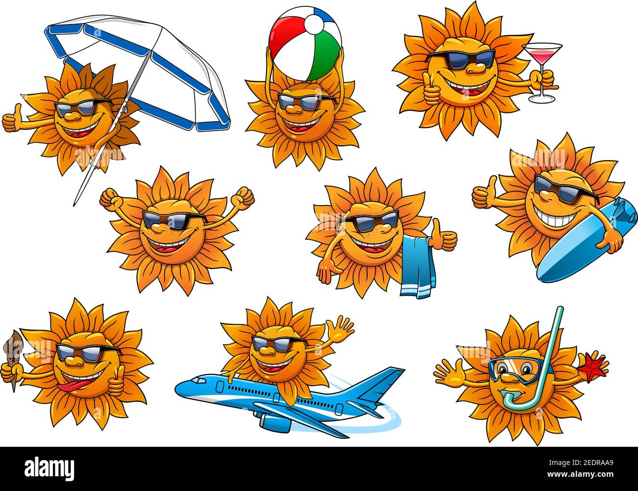 Set di personaggi di cartoni animati Sun. Sole giallo in occhiali da sole e maschera subacquea con cono gelato, cocktail drink, asciugamano, ombrellone, palla, tavola da surf. Summe Illustrazione Vettoriale
