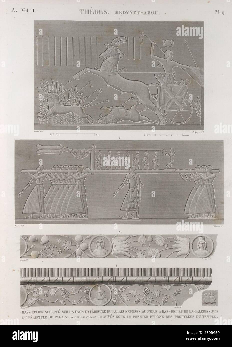 Thèbes. Medynet-Abou (Medinet Habu). 1. Bas-relief sculpté sur la face extérieure du palais exposée au nord; 2. Bas-relief de la galerie-sud du péristyle du palais; 3.4. Fragmens trouvé sous Foto Stock