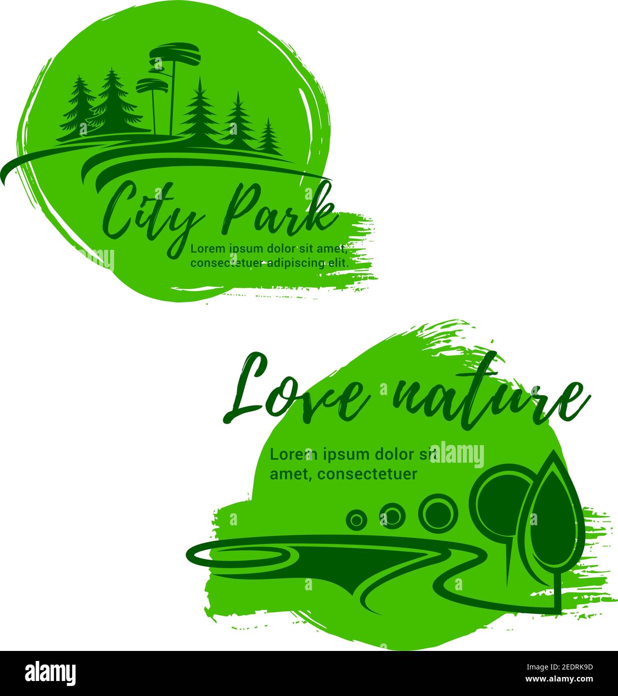 Ecologia natura icone vettoriali del parco cittadino e ambiente verde. Emblemi di ecologia, alberi o foreste e verde città o urbano eco villaggio all'aperto. Horti Illustrazione Vettoriale