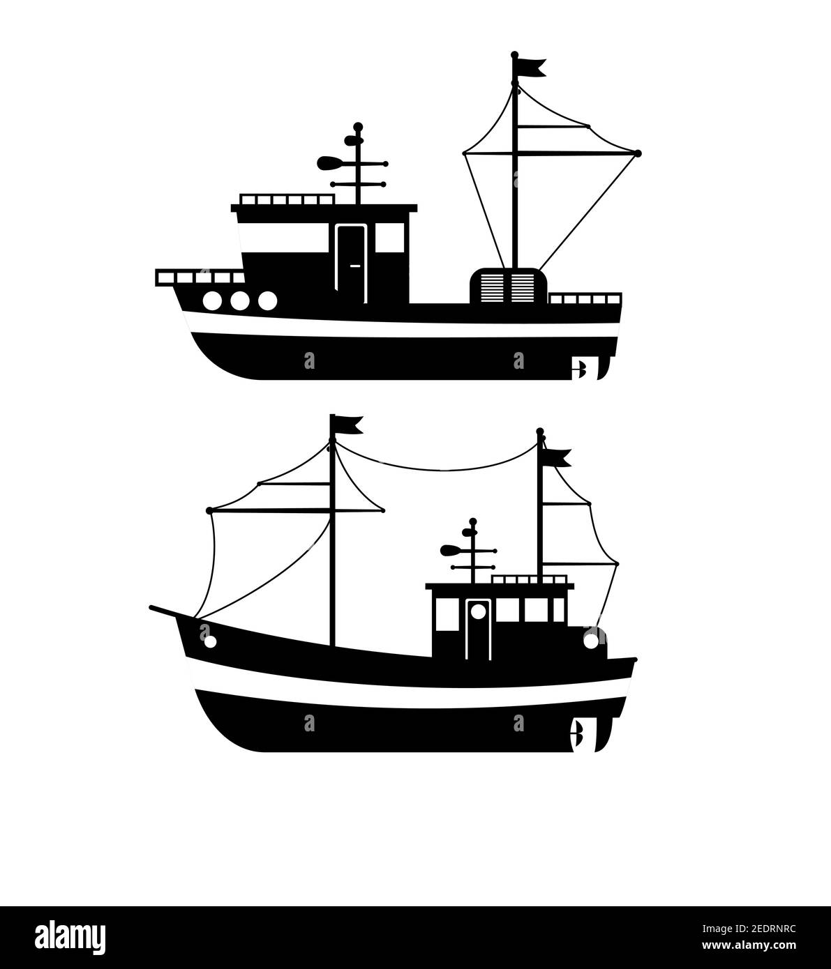 Silhouette della barca da pesca, Vista laterale, Trawler da pesca commerciale, produzione industriale di pesce, trasporto d'acqua, trasporto marittimo o oceanico Illustrazione Vettoriale
