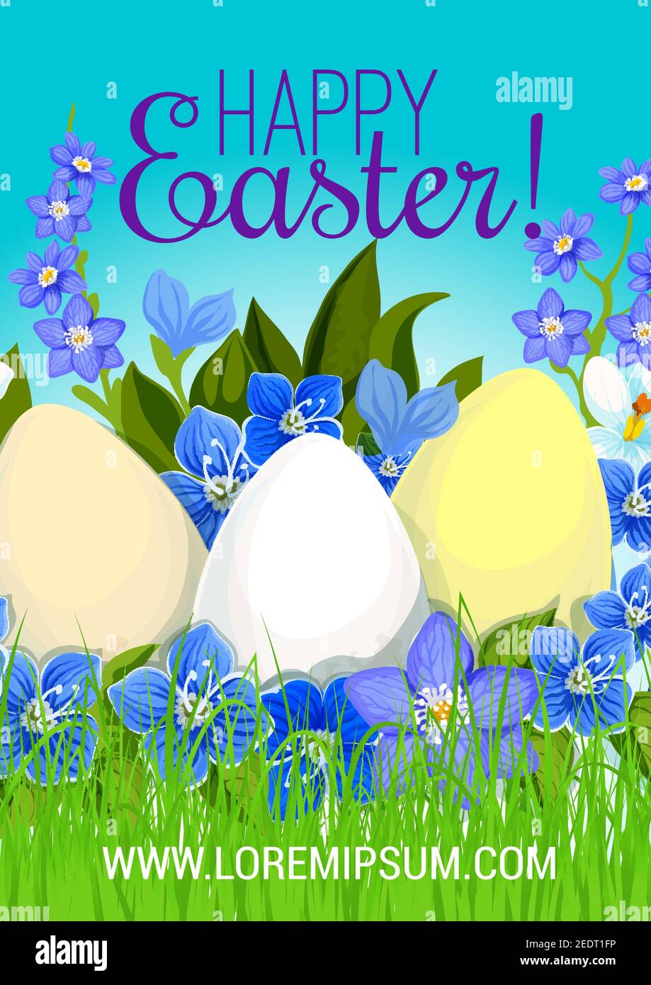 Happy poster di Pasqua delle uova pasquali in primavera crocus fiori mazzo su prato verde erba. Vector springtime biglietto di auguri per le vacanze modello per Illustrazione Vettoriale