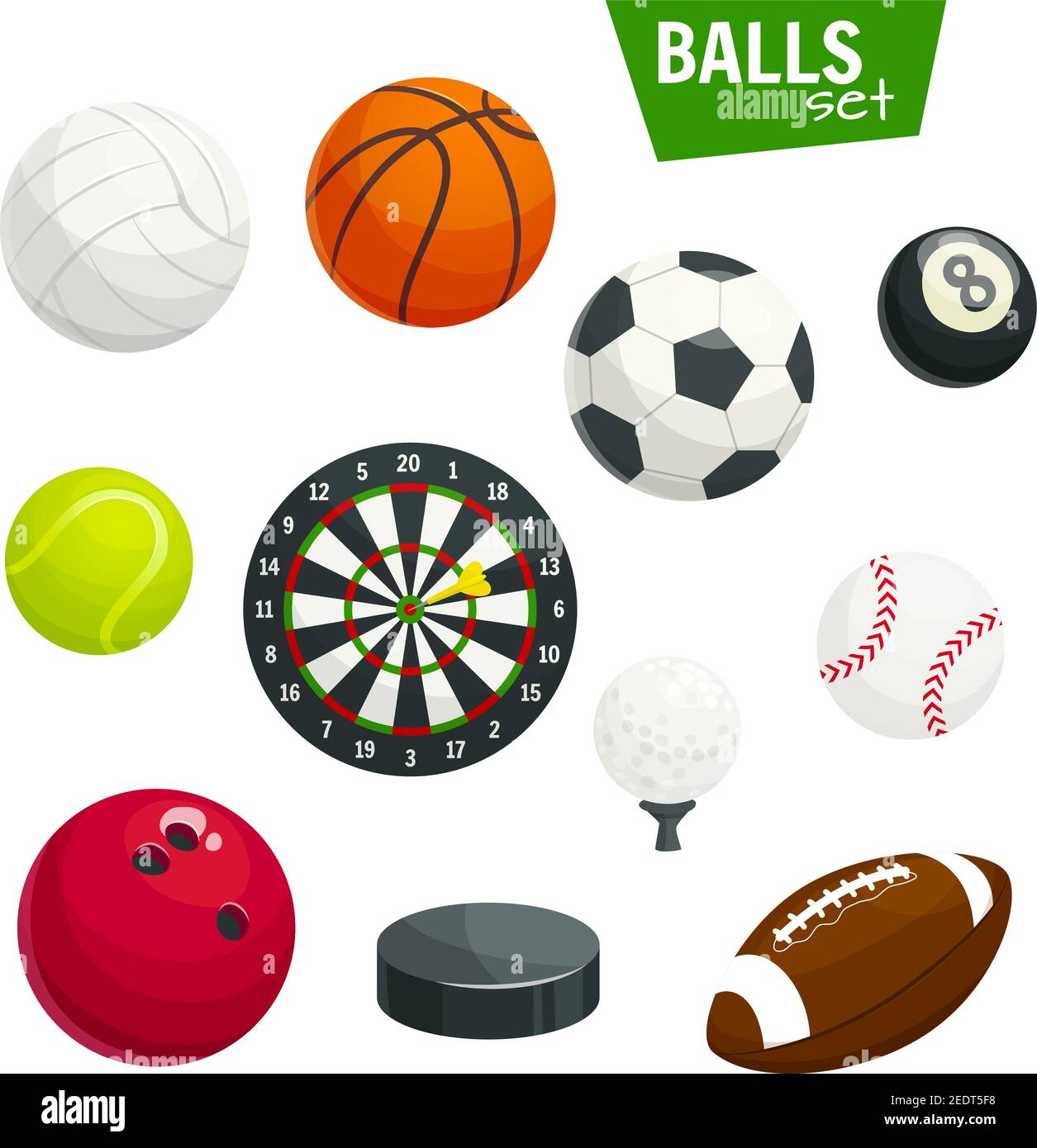 Palline sportive icone vettoriali. Partite isolate di calcio, pallavolo e pallamano o pallacanestro, bowling e tennis, oro e biliardo Illustrazione Vettoriale