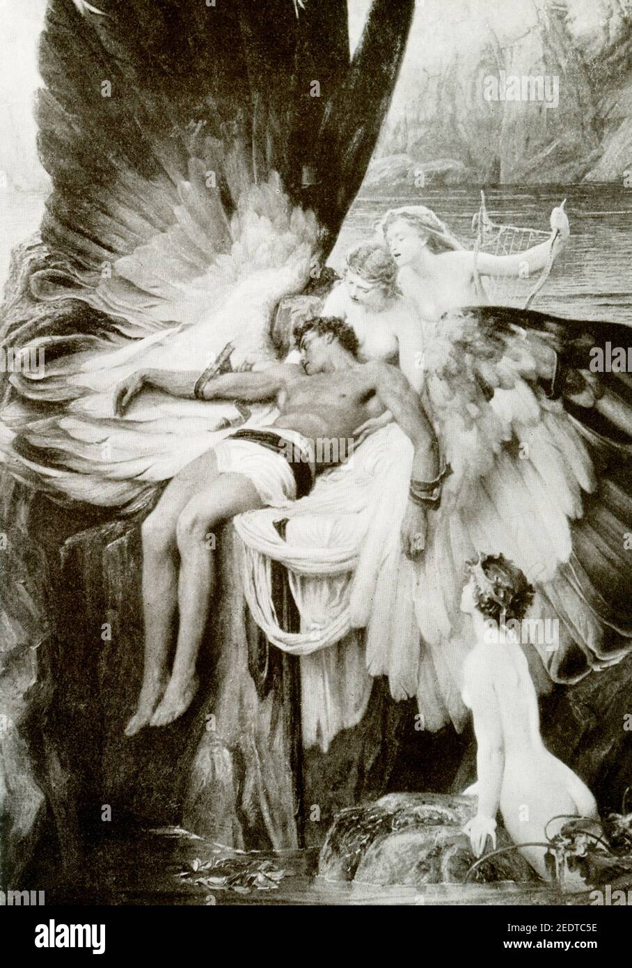 Questo dipinto, intitolato Lament for Icarus, fu dipinto da Herbert J Draper nel 1898. Mostra il morto Icarus, circondato da ninfe lamentanti. Le ali di Icarus si basano sul modello dell'uccello del paradiso. Nella mitologia greca, Daedalo fu il costruttore del labirinto di Cnosso a Creta (progettato per mantenere il Minotauro all'interno). Per sfuggire al suo confinamento sull'isola dal re, progettò ali di cera e piume per sé e per suo figlio, Icarus (qui). Ma Icarus volò troppo vicino al sole. La cera si sciolse e cadde in mare (nome del mare Icariano). Daedalo lo fece in Sicilia, dove Foto Stock