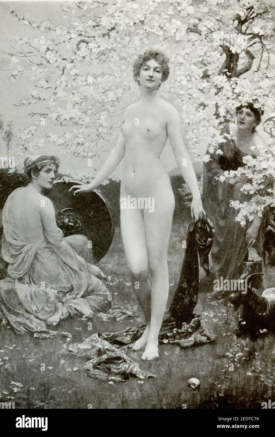 Questa immagine mostra il Giudizio di Parigi dell'artista Solomon J Solomon. Nella leggenda greca, Parigi era un principe di Troia, il figlio di Priam e Hecuba. Quando Eris, la dea greca della discordia, non fu invitata al matrimonio del leader greco Achilles, gettò una mela d'oro nelle feste, con le parole 'per il più giusto' scritte su di essa. Le dea Hera, Afrodite e Atena rivendicarono la mela e Zeus, re degli dei, fece scegliere a Parigi quale ottenere. Hermes, il dio messaggero, agisce come guida, organizzando l'incontro tra le dea e Parigi. Afrodite promessa Foto Stock