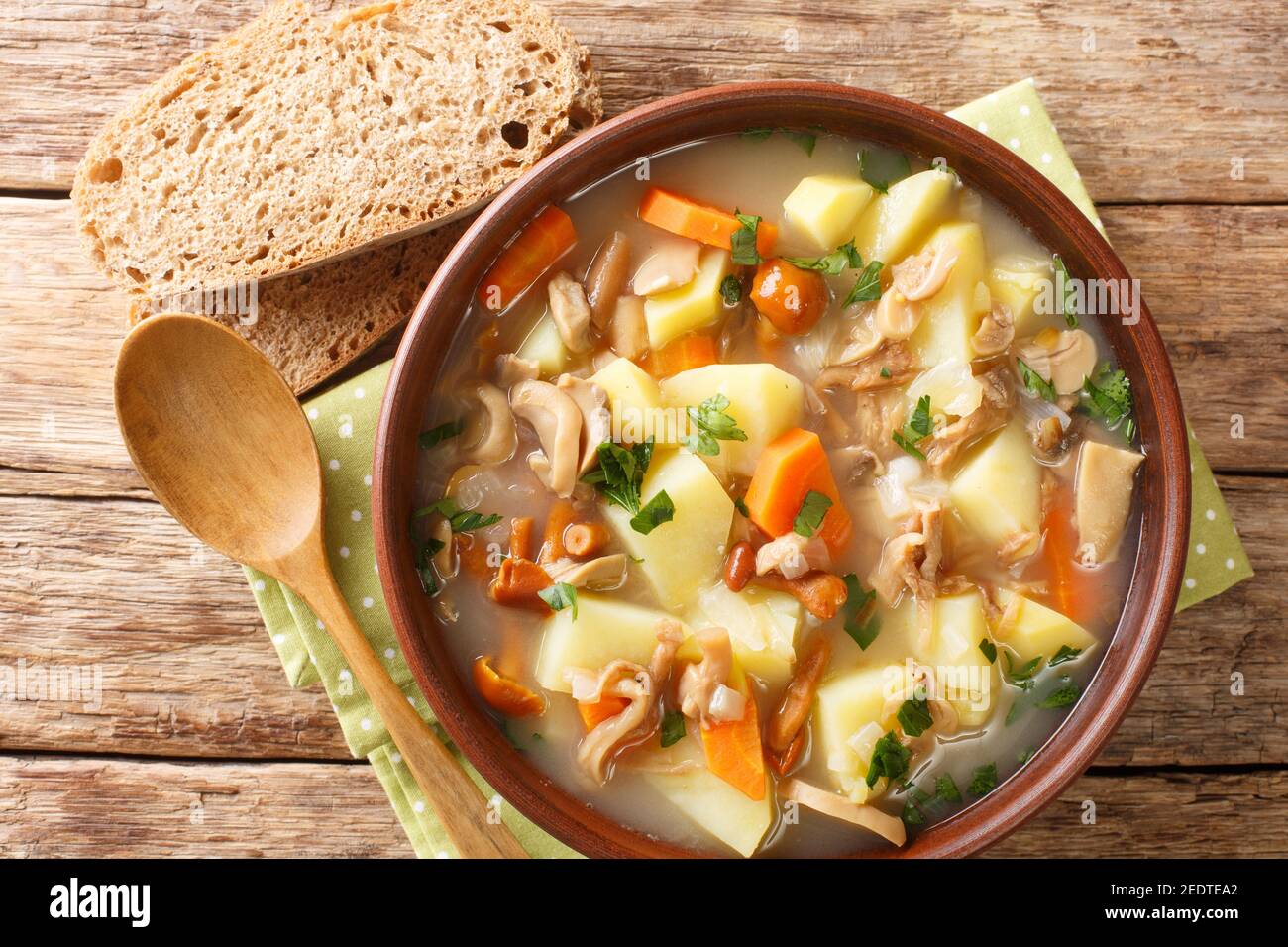 Zuppa ceca con funghi e verdure primo piano in un recipiente sul tavolo. Vista dall'alto orizzontale Foto Stock
