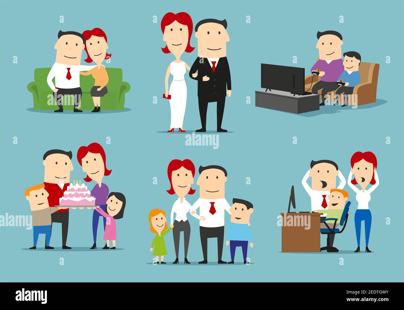 Famiglia in diverse fasi di vita set di cartoni animati. Coppia amorevole trascorrere il tempo insieme, padre, madre, figlio e figlia celebrare il compleanno con torta, pl Illustrazione Vettoriale