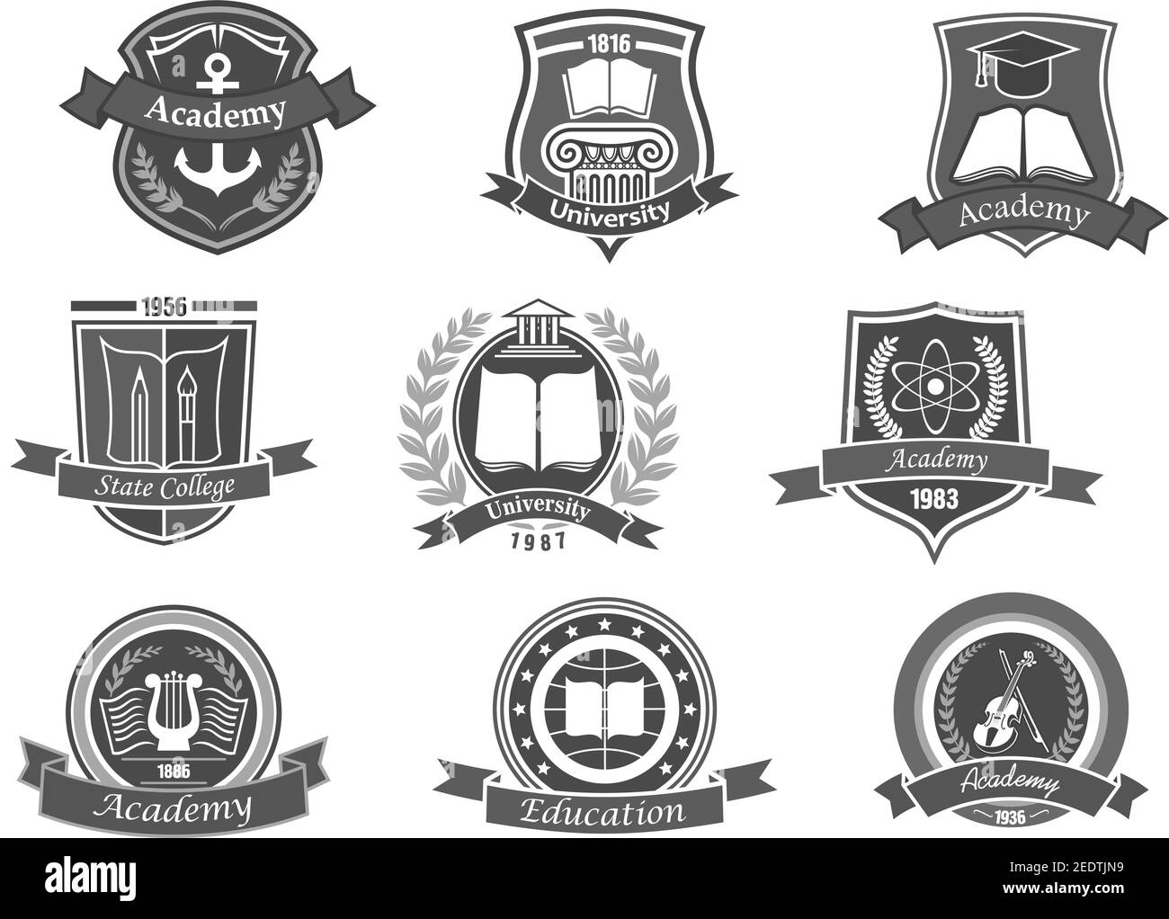 Icone vettoriali di università e università. Emblemi o scudi per laureati in scienze marittime, musica o diritto. Nastri e badge Illustrazione Vettoriale