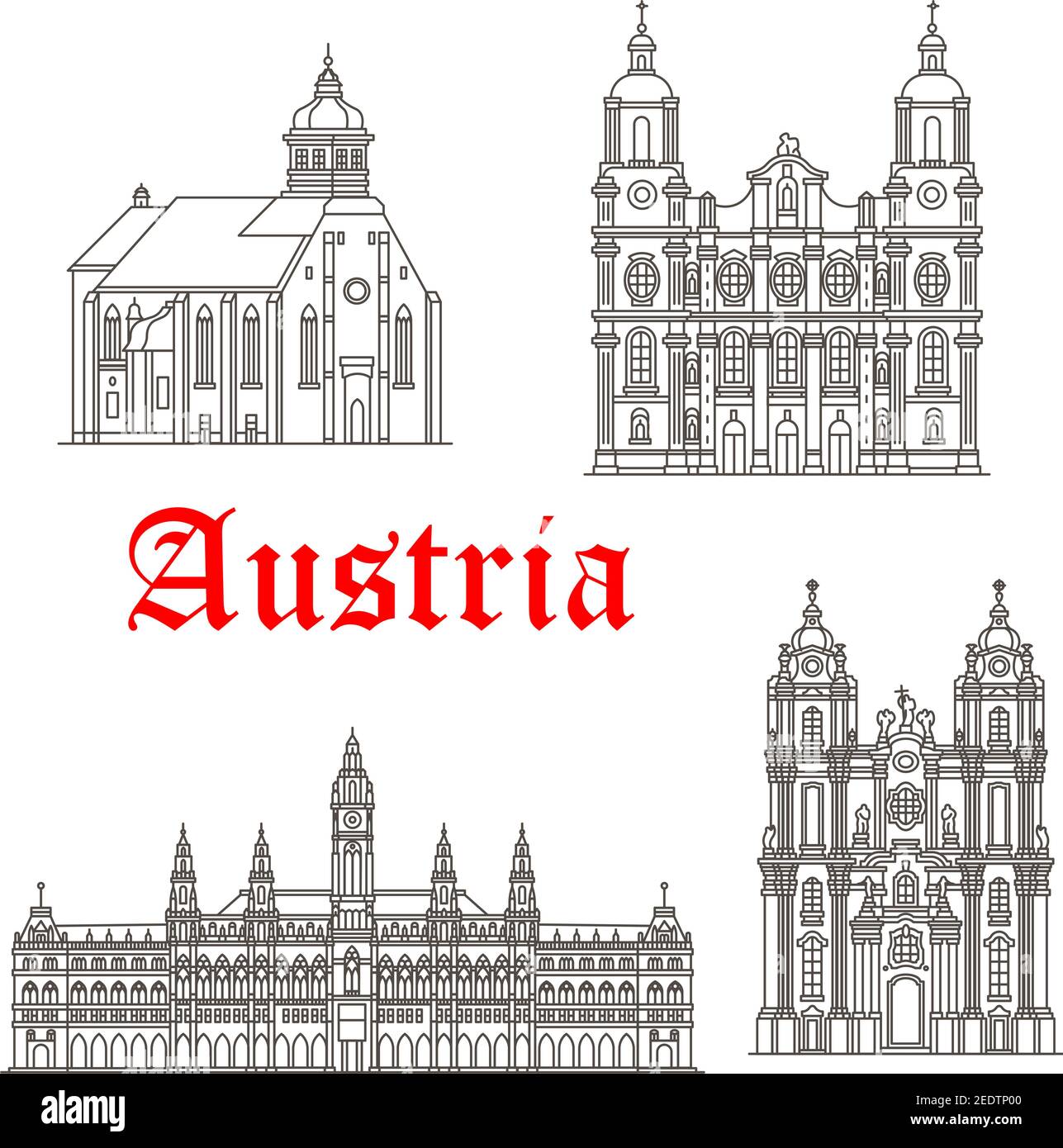 L'architettura storica austriaca e i famosi simboli degli edifici austriaci. Vettore isolato icone e facciate di Graz e St James cattedrale, Wiener Rathaus Illustrazione Vettoriale