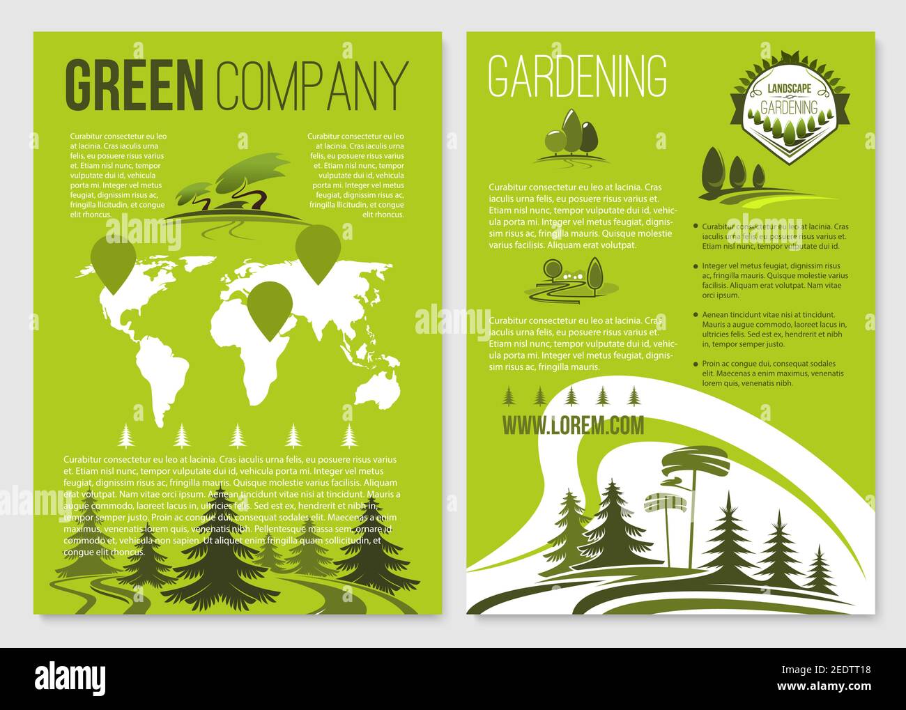 Servizio di giardinaggio o poster aziendali verdi. Giardino progettazione paesaggio e parco alberi impianto vettore di servizio di ambiente esterno natura e eco greene Illustrazione Vettoriale