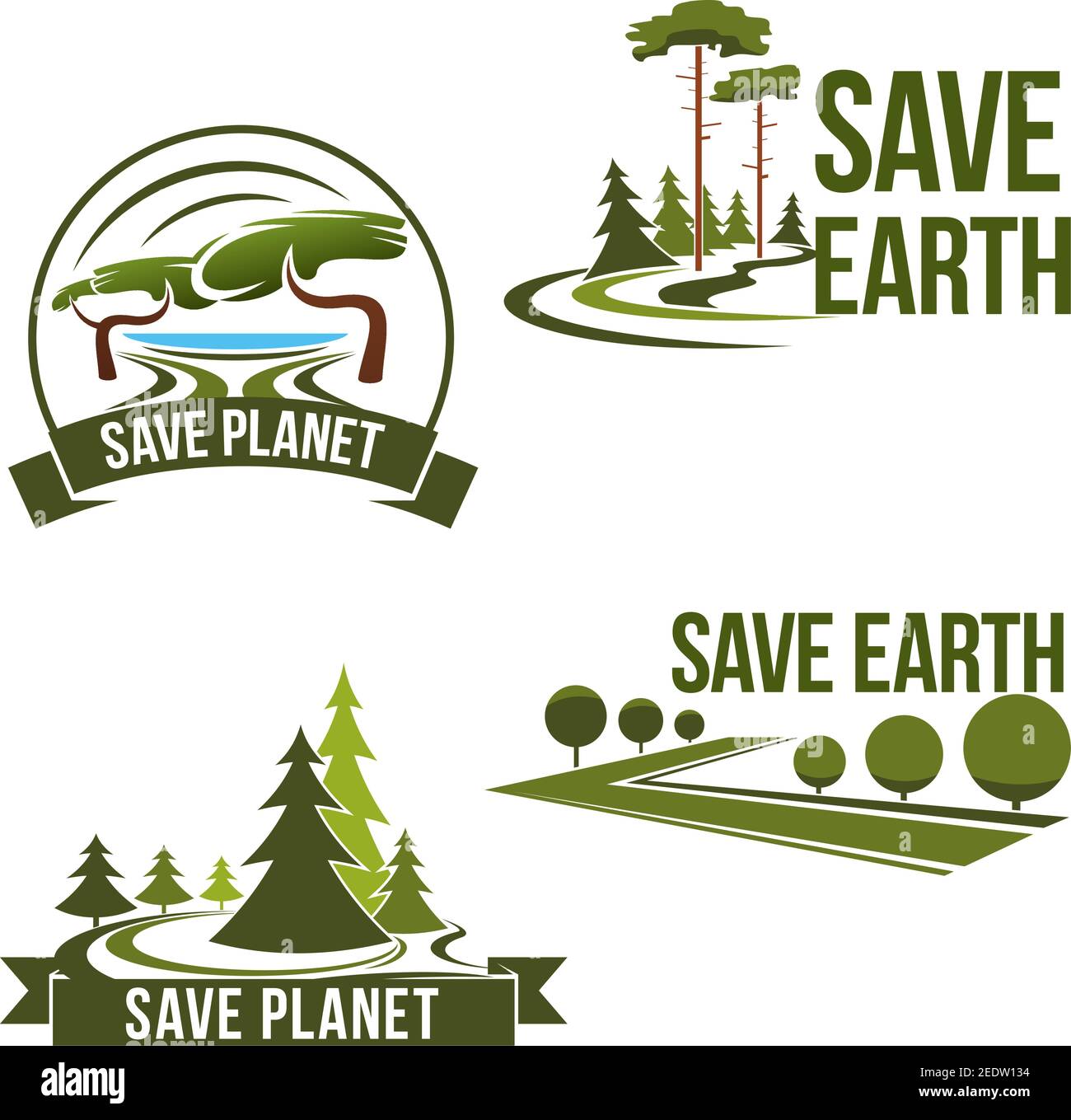 Salvare icone della Terra e protezione della natura o concetto di conservazione. Green eco ambiente e prevenzione dell'inquinamento simboli vettoriali insieme di alberi del parco e ga Illustrazione Vettoriale