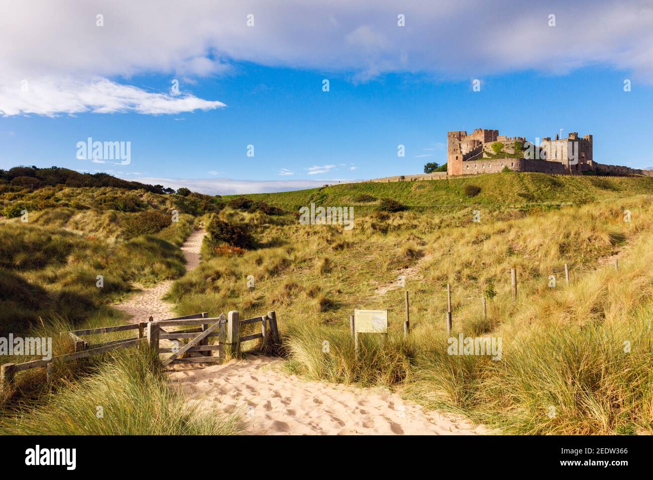 Bacia cancello per percorso attraverso dune di sabbia con SSSI segno e Castello di Bamburgh oltre. Bamburgh, Northumberland, Inghilterra, Regno Unito, Gran Bretagna Foto Stock