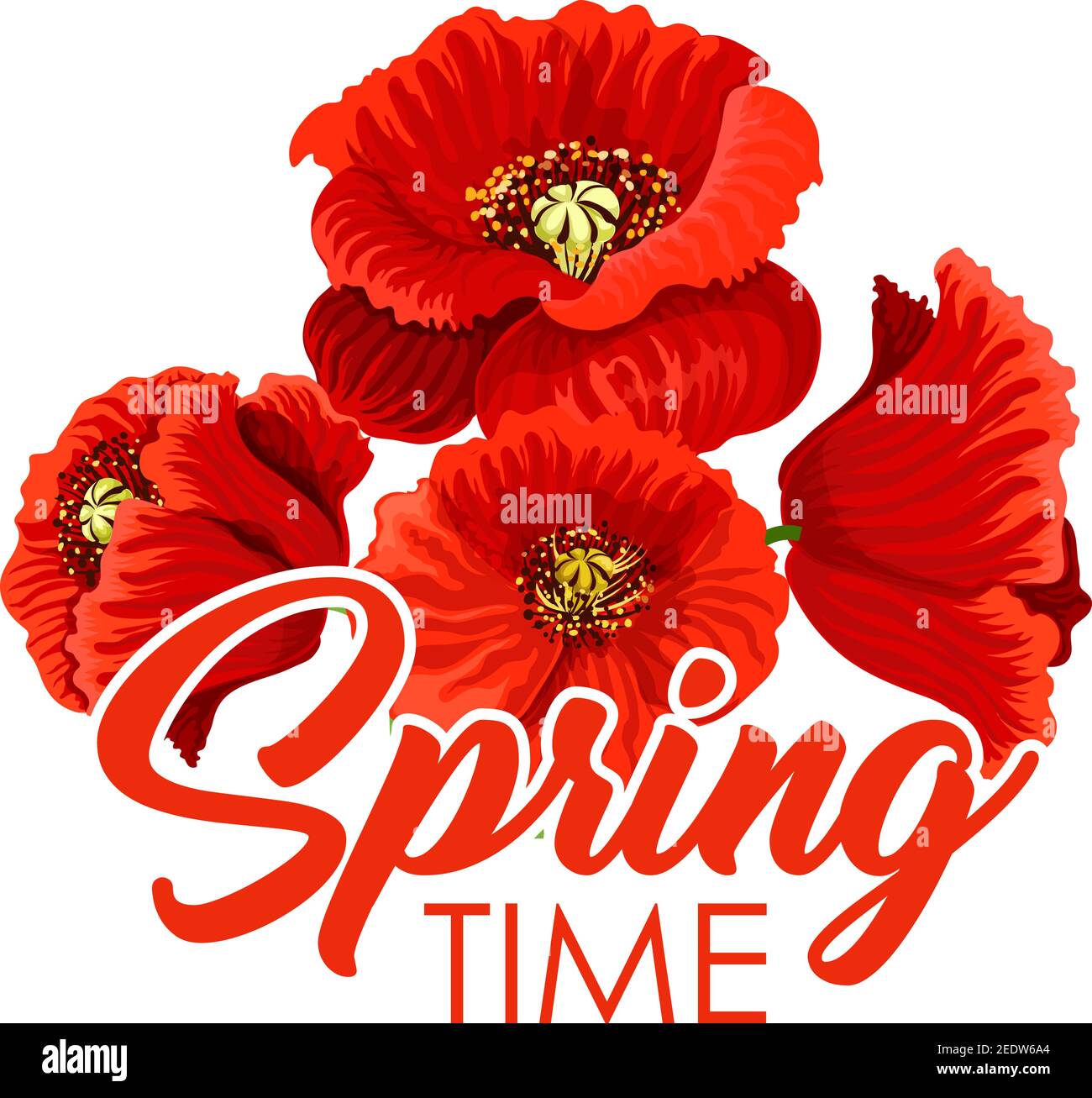Testo di saluto in primavera con un mazzo di petali di papavero rosso e boccioli in fiore. Vector quote poster design con bouquet primaverile in corona floreale per bufali Illustrazione Vettoriale