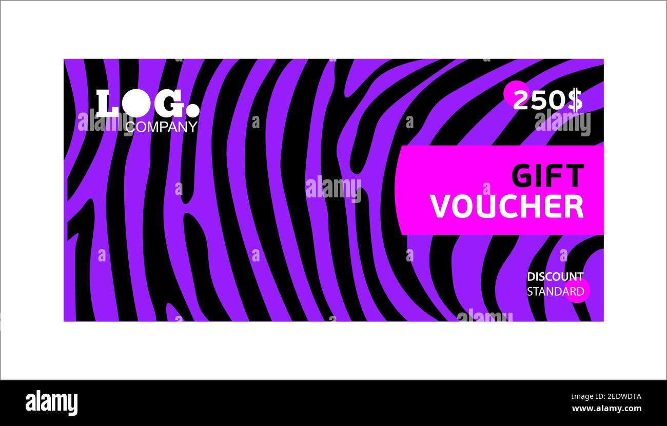 Voucher regalo orizzontale righe viola su sfondo nero. Design astratto luminoso. Modello universale per i progetti con spazio per il testo. Vettore ill Illustrazione Vettoriale