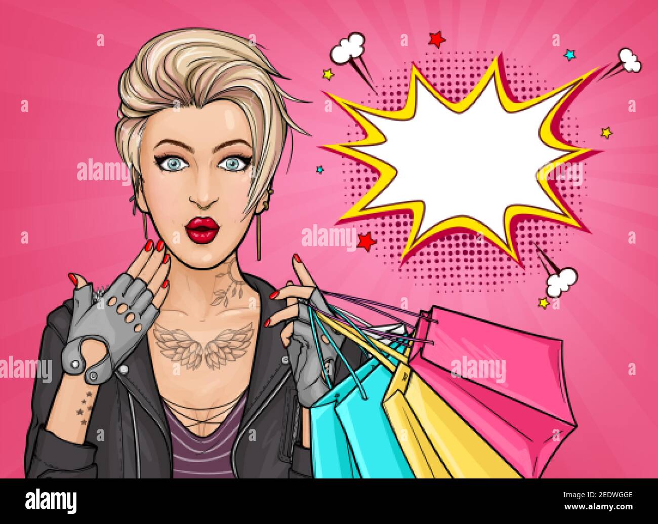 Vettore pop art illustrazione di una ragazza tatooed sorprendo tenendo borse shopping su sfondo rosa. Giovane donna bionda con occhi e bocca spalancati. Poster eccellente per la pubblicità sconti o vendite Illustrazione Vettoriale