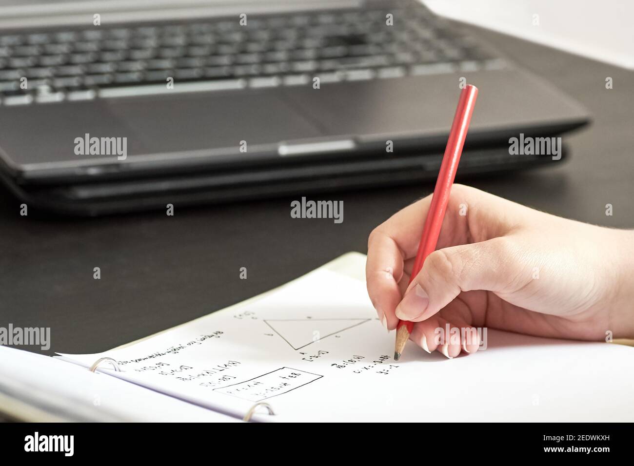 Giovane ragazza - studentessa donna scrive i compiti dalla matematica a casa. Scrive in matita in un taccuino e conta le formule. Foto Stock