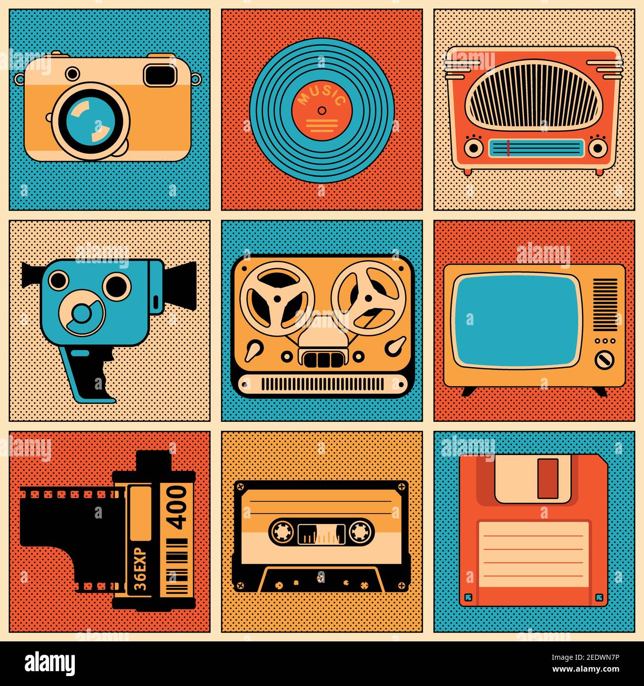 Oggetti multimediali retrospettiva. Insieme di elementi di disegno vettoriali. Illustrazione Vettoriale