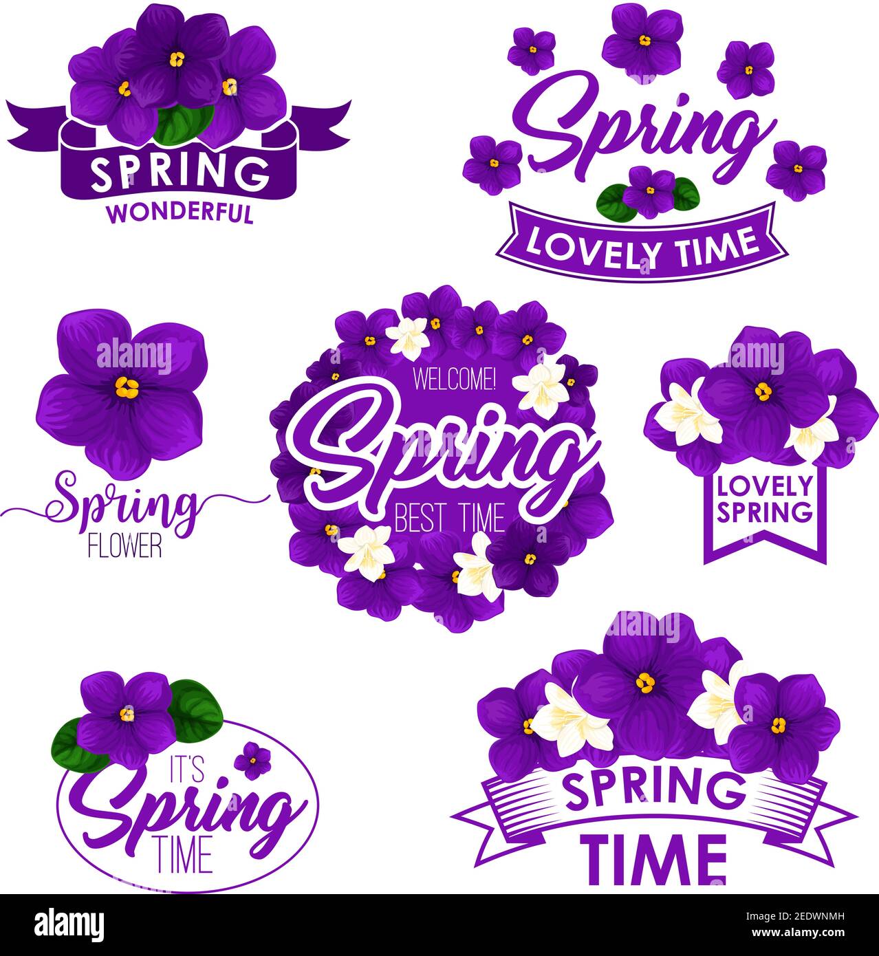 Citazioni di saluto primavera e fiori isolati design. Modelli vettoriali per la primavera di benvenuto e meravigliosa primavera con corona floreale di violette o. Illustrazione Vettoriale