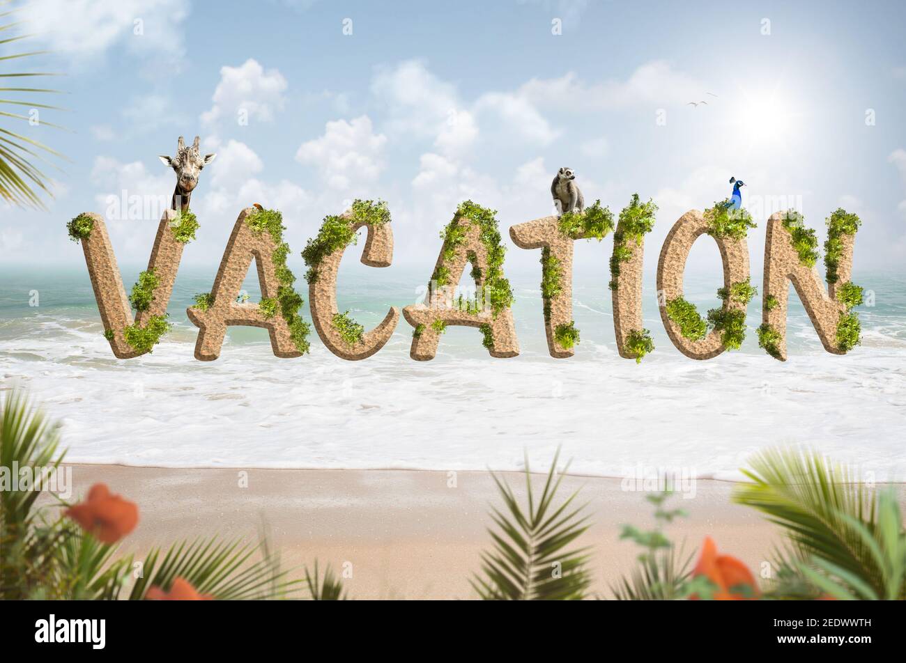 Scritta vacanza sullo sfondo di una spiaggia tropicale Foto Stock