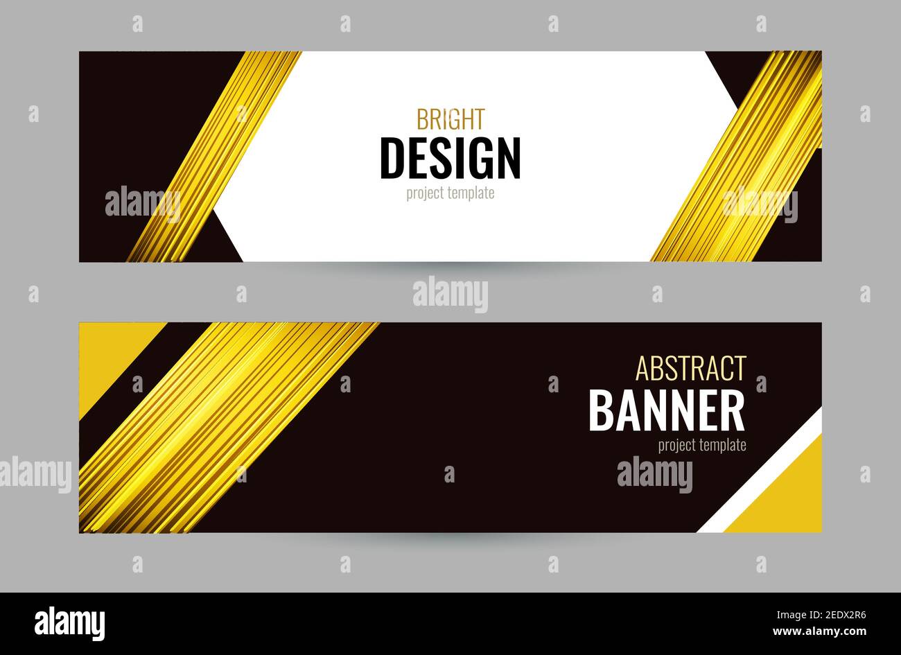 Banner luminoso con strisce dorate su sfondo scuro. Impostare gli striscioni orizzontali con una posizione vuota per il testo. Sfondo vettoriale astratto. Modelli per il Illustrazione Vettoriale