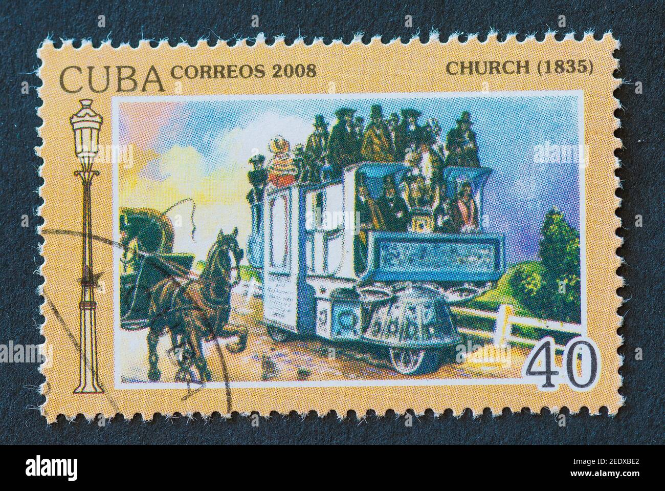 Trasporto e vecchi veicoli in una serie di francobolli postali Cuba Correos, Cuba Foto Stock