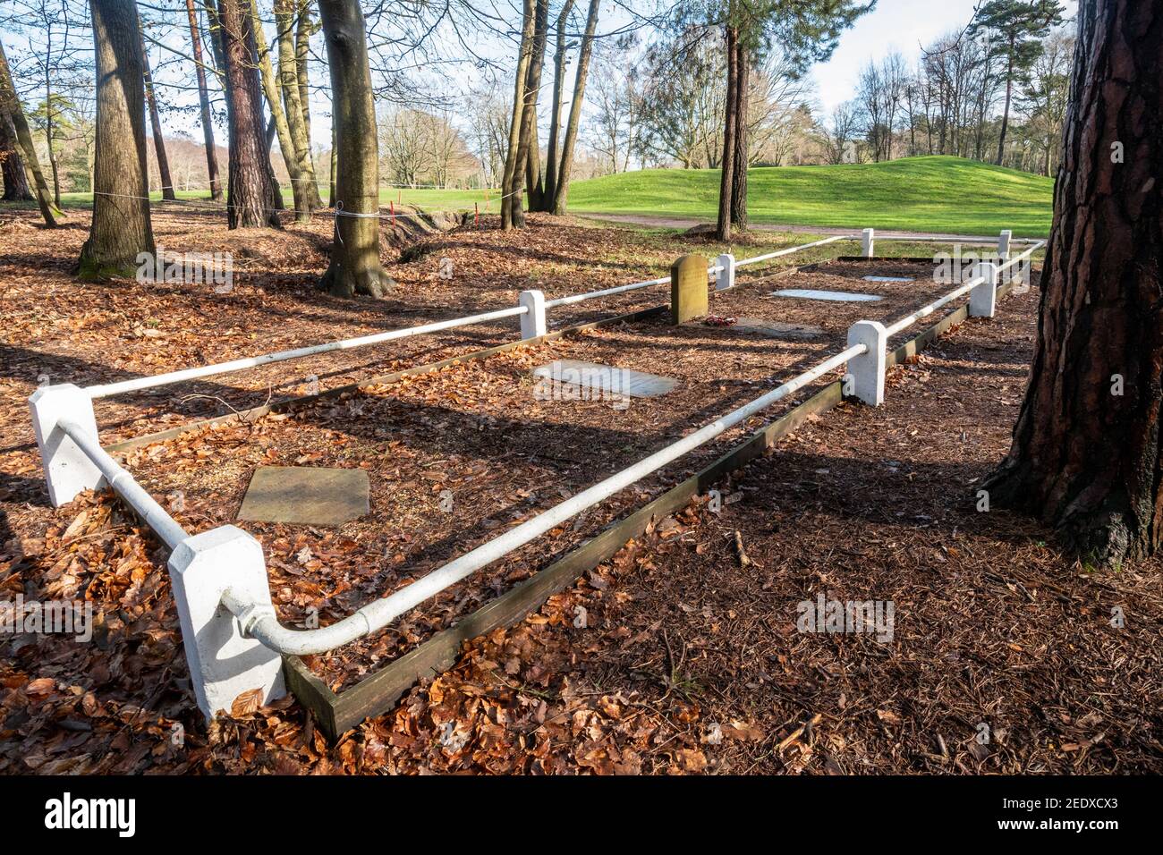 Cimitero militare dei cavalli presso l'Aldershot Army Golf Club, Hampshire, Regno Unito, con cinque pietre commemorative che risalgono al 1880 e al 1899 Foto Stock