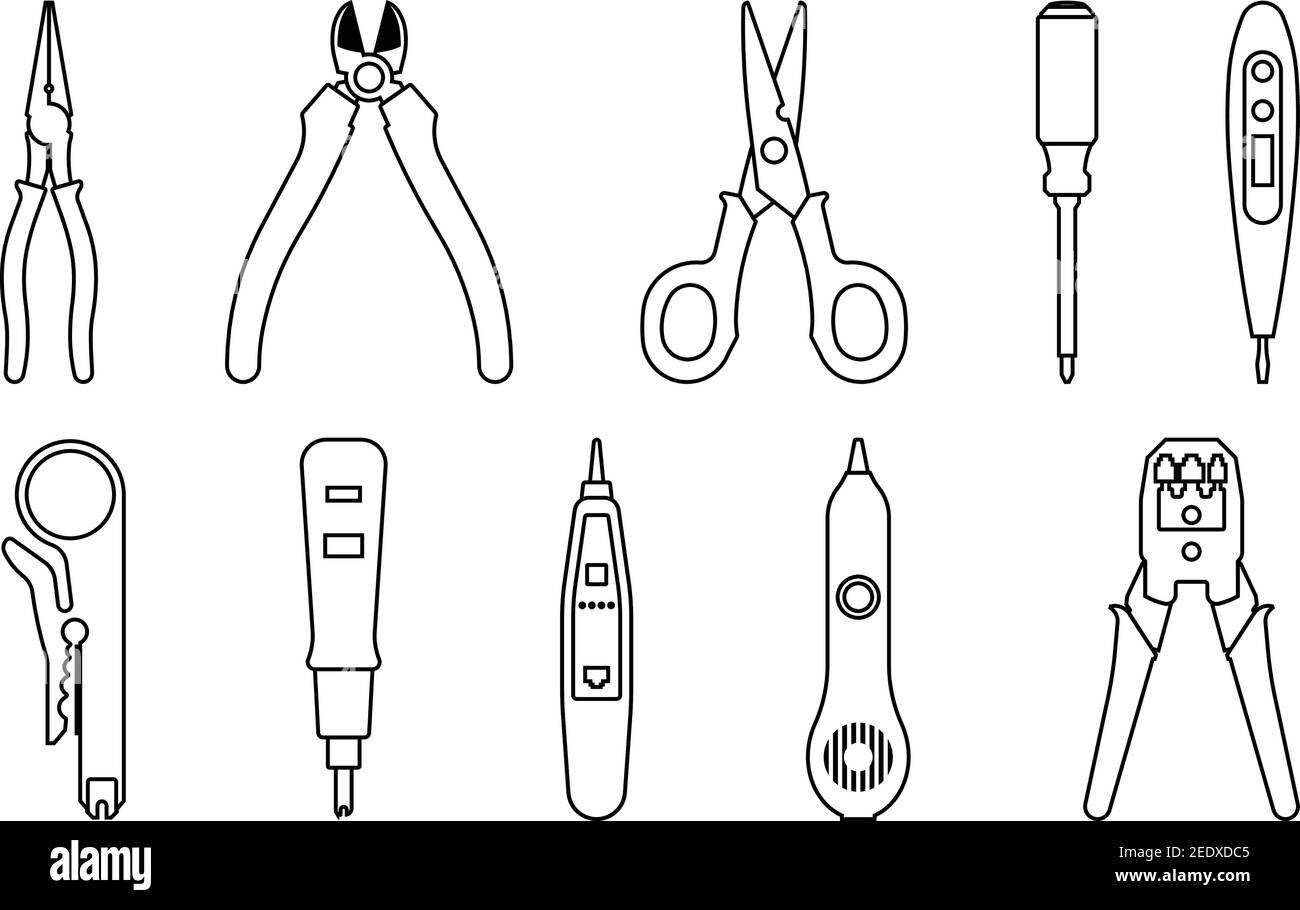 Attrezzi elettrici. Strumenti di rete. Attrezzi manuali. Linea sottile vettoriale Illustrazione Vettoriale
