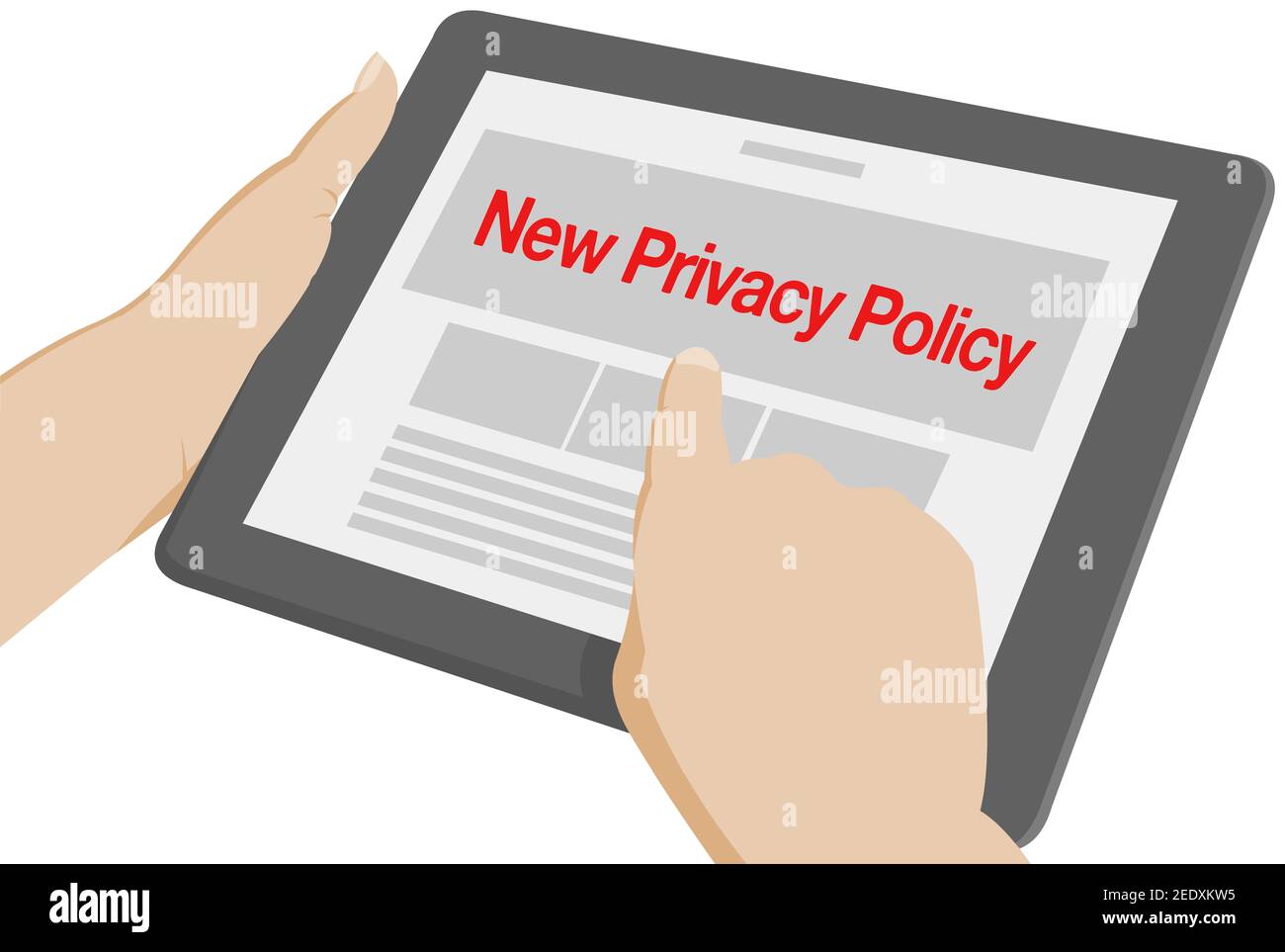 Nuova politica sulla privacy scritta in rosso su tablet cartoon isolato tenuto con le mani. Illustrazione piatta un dispositivo con nuovi termini relativi alle informazioni personali. Foto Stock
