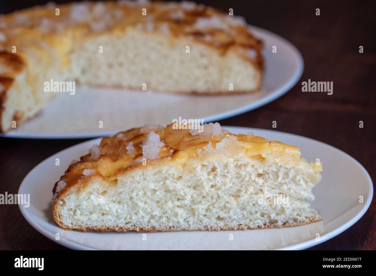 Vista sul pezzo di una 'Larpeira', un tipico dessert dalla Galizia, Spagna. Foto Stock