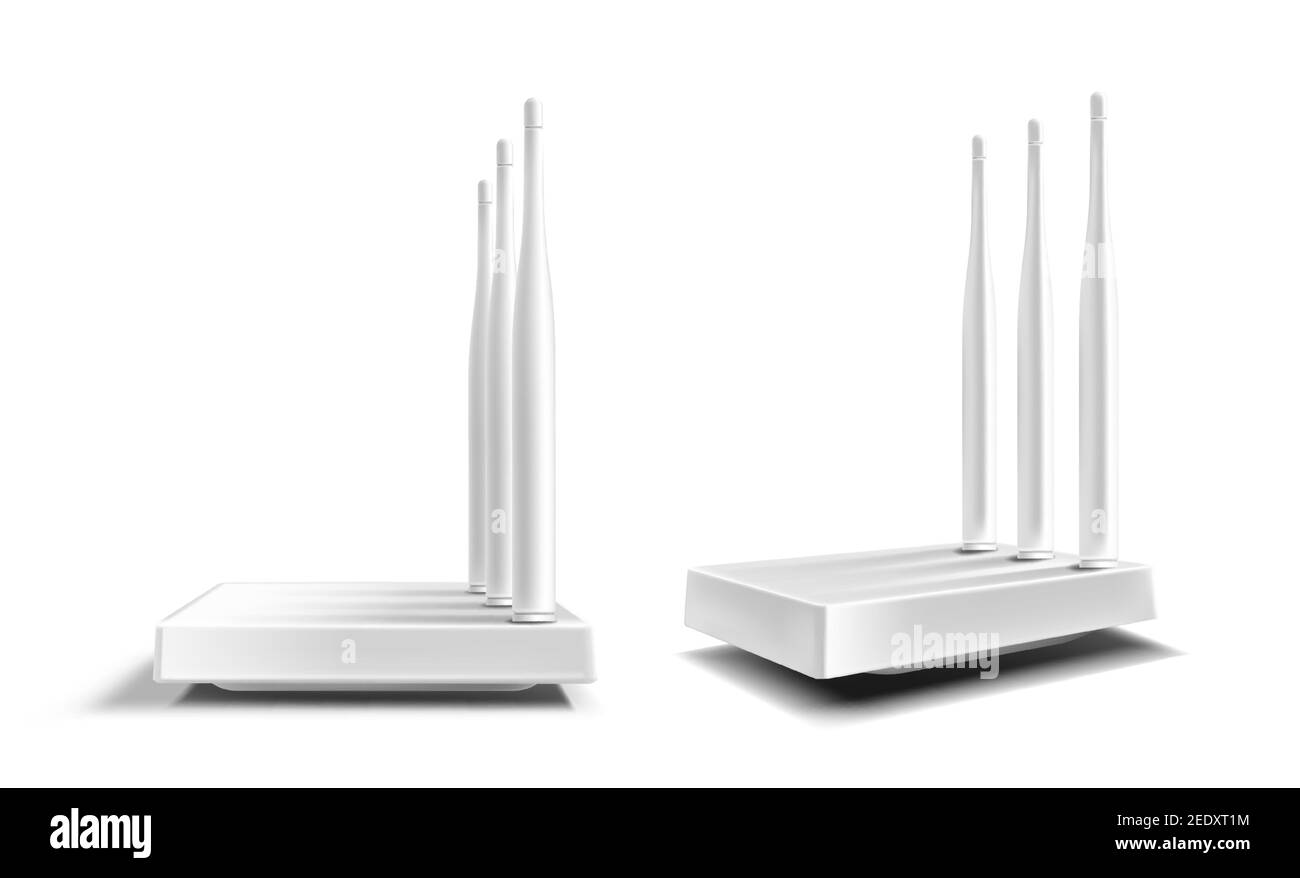 Router WiFi, modem wireless a banda larga con antenne isolate su sfondo bianco. Mockup vettoriale realistico di router Ethernet per una connessione di rete veloce e l'accesso a Internet Illustrazione Vettoriale
