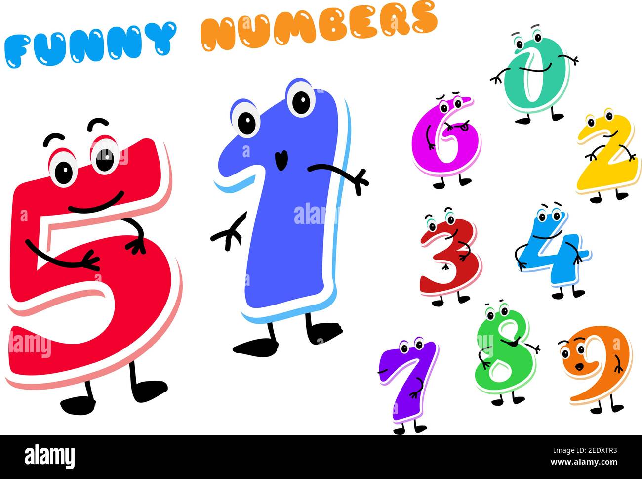Set di divertenti personaggi cartoon Numbers. Personaggi bambini uno, due, tre, quattro, cinque, sei, sette, otto, nove zero Vector illustrazione isolato su bianco Illustrazione Vettoriale