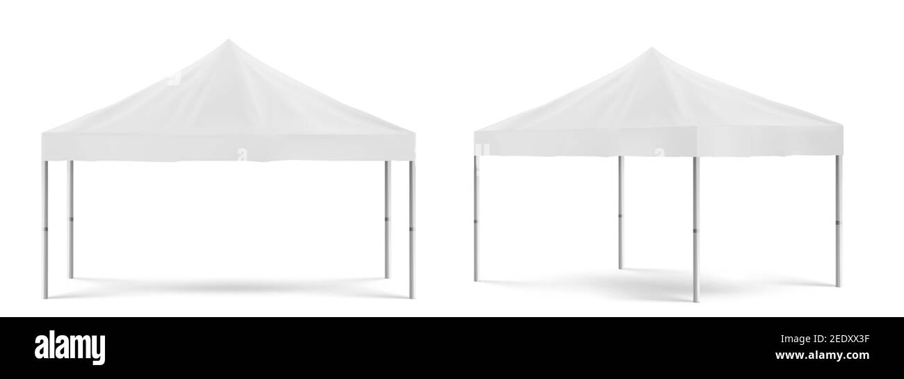 Tenda di promozione pieghevole bianca, marquee mobile all'aperto per esposizioni di marketing o scambi in vista frontale e ad angolo. Vettore realistico mockup di bianco festival tenda per partito isolato su sfondo bianco Illustrazione Vettoriale