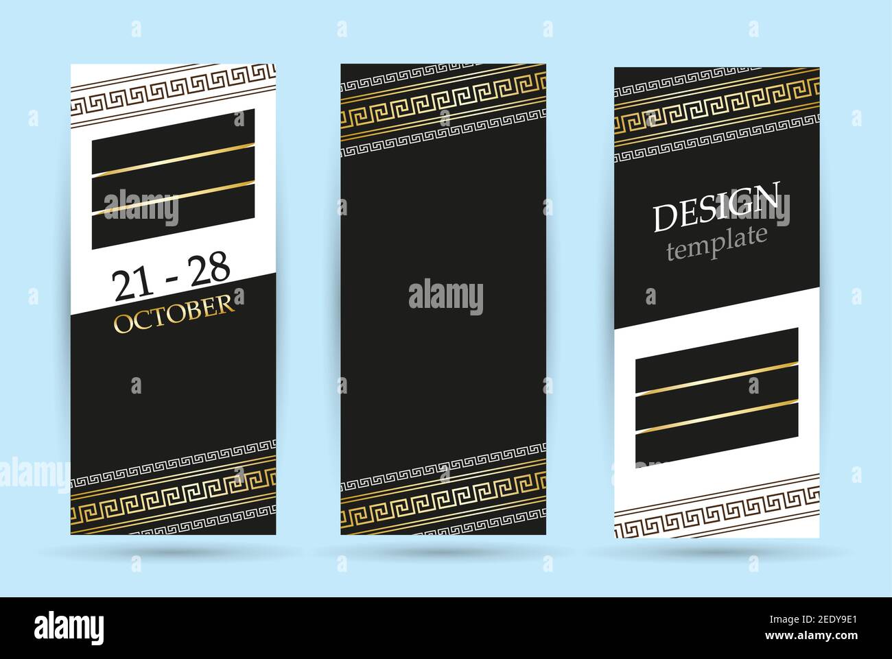 Nero e bianco avvolgente con ornamento in oro greco su sfondo nero. Impostare i banner verticali con una posizione vuota per il testo. Disegno grafico vettoriale astratto b Illustrazione Vettoriale