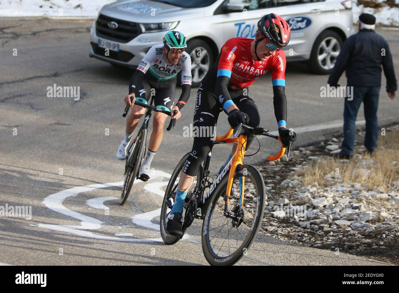 Jack Haig del Bahrain - vittorioso e Patrick Konrad di BORA - hansgrohe durante il Tour de la Provence, fase 3, Istres Ã¢Â& x80;Â& x93; Chalet Reynard ( Mont Ventoux ) il 13 febbraio 2021 a BÃ©doin, Francia - Foto Laurent Lairys / DPPI / LiveMedia Foto Stock