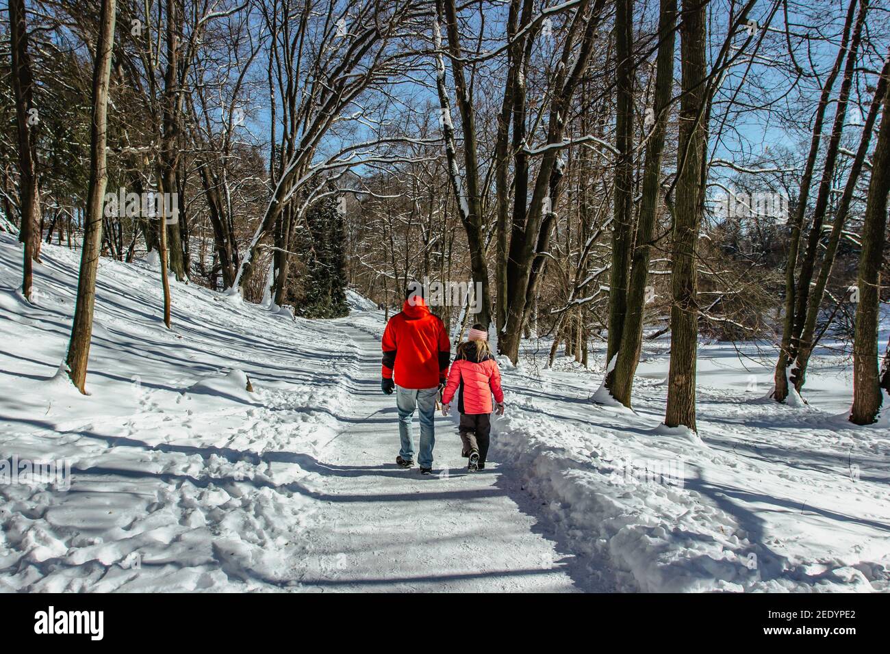 Padre e figlia che tengono la mano in mano camminando in neve park.Happy papà e ragazza in giubbotti invernali trekking Together.Family viaggio In nature.goda Foto Stock