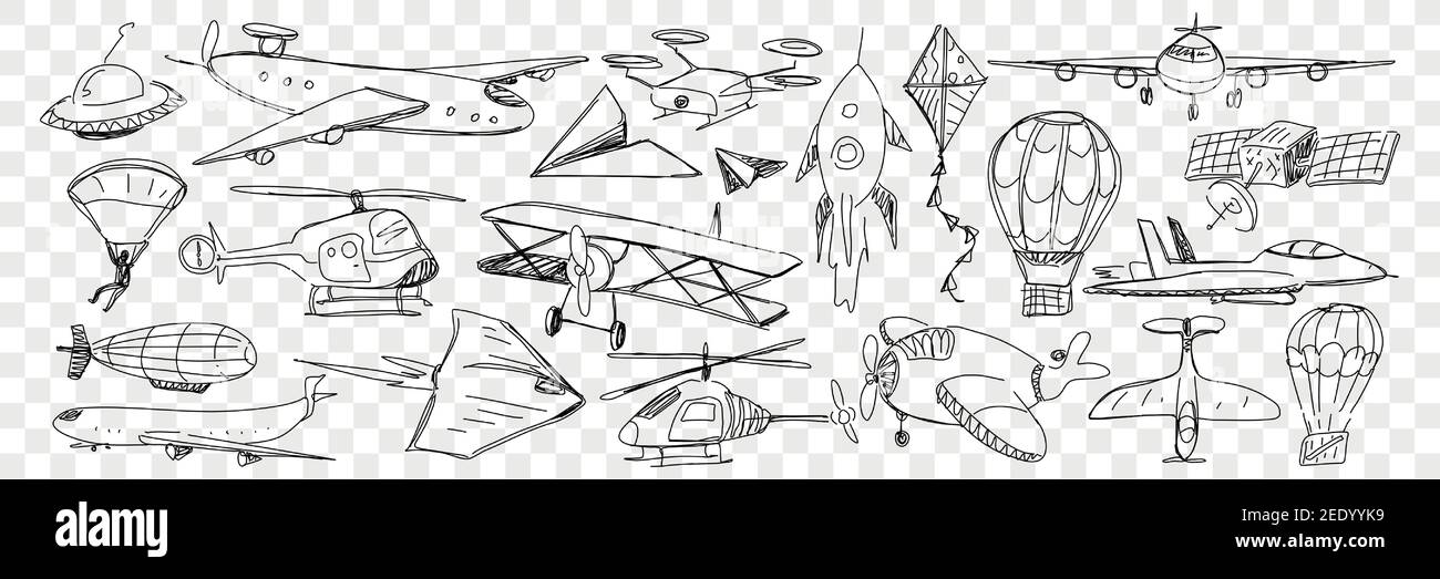 Vari veicoli aerei durante il volo doodle set. Raccolta di aerei disegnati a mano elicotteri aerostati aquiloni aquiloni aerei volante paracadute isolato su sfondo trasparente Illustrazione Vettoriale