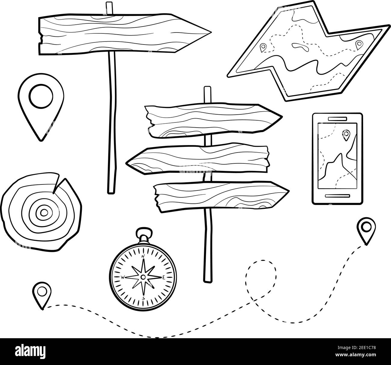 Set da campeggio. Puntatori in legno, mappa e bussola in stile doodle minimalista Illustrazione Vettoriale
