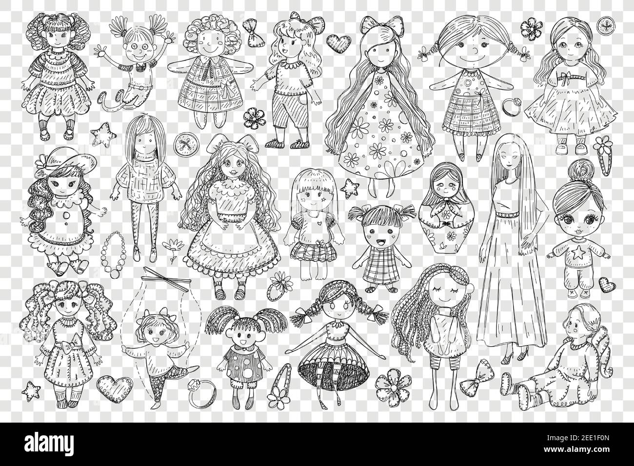 Bambole e giocattoli per il set di doodle ragazza. Collezione di giocattoli  fatti a mano disegnati a mano bambole in abito con capelli lunghi per le  piccole ragazze giochi giocare isolato su