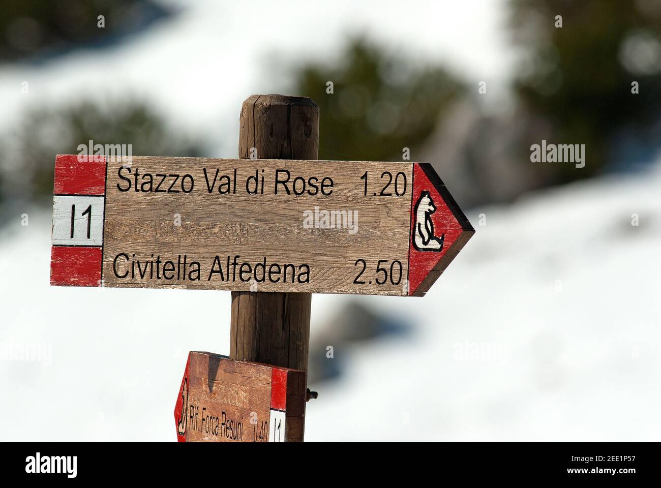Cartello in legno in Abruzzo, Parco Nazionale d'Abruzzo, Lazio e Molise, Italia Foto Stock