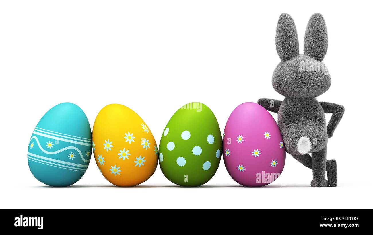 Simpatico coniglio pasquale con uova colorate decorate con ornamenti, posteriore, vista, isolato su sfondo bianco rendering 3D Foto Stock