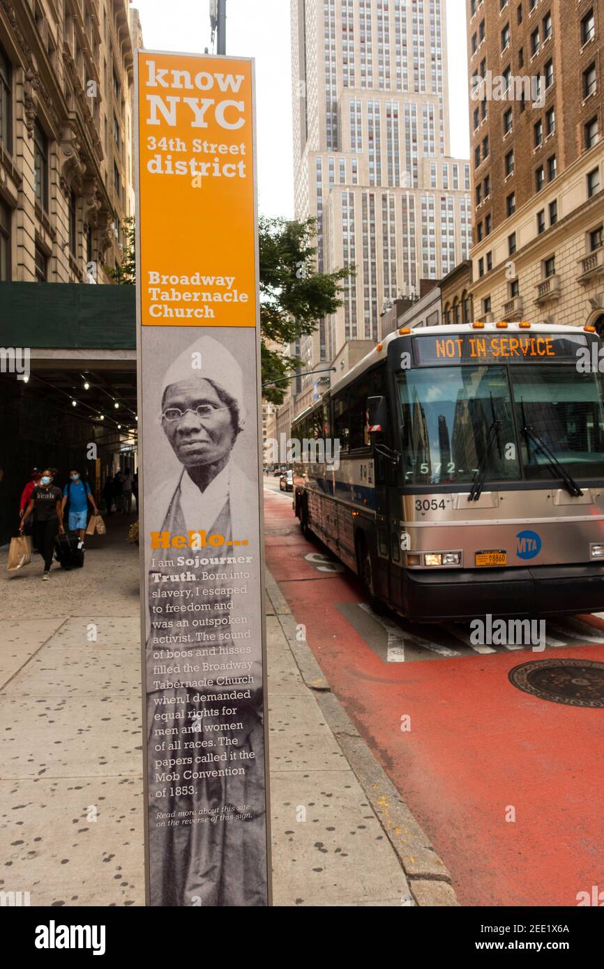 Know NYC 34th Street District segno sulla rotta in autobus Manhattan, New York Foto Stock