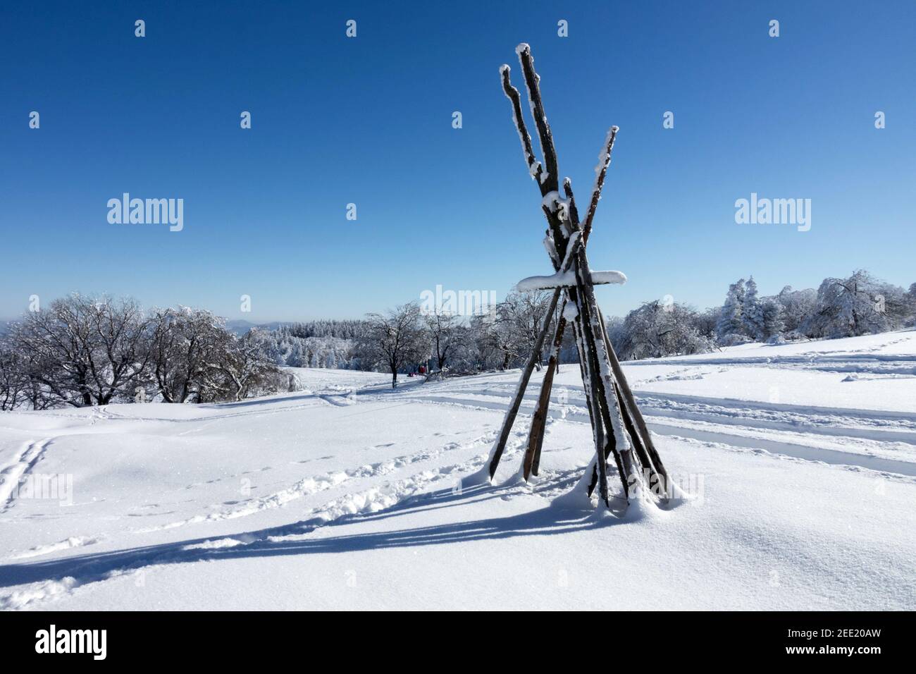 Bastoni di legno nel paesaggio innevato Repubblica Ceca montagna pendio scenario Foto Stock